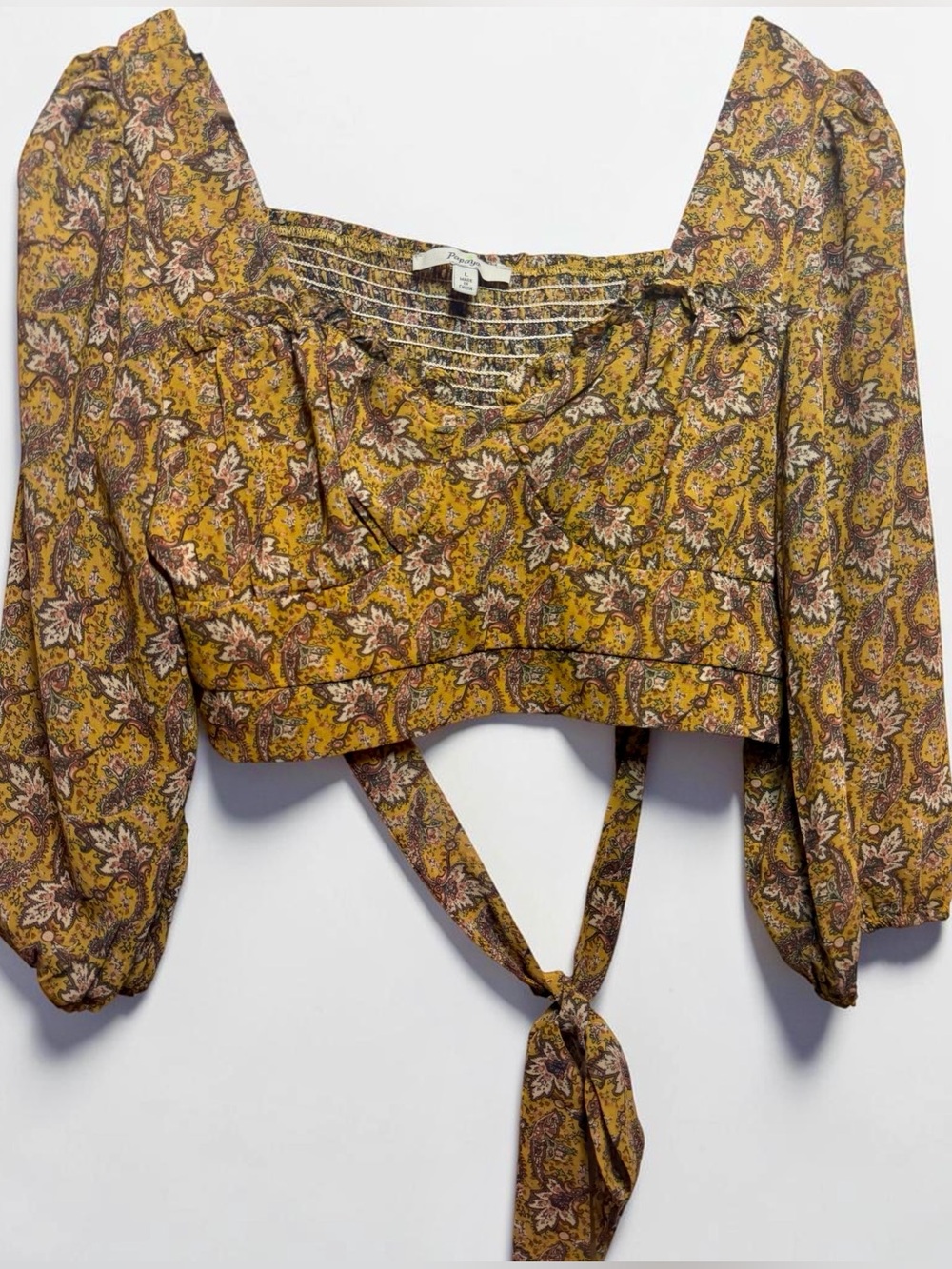 Papaya Floral Crop Top Tie Back Puff Sleeve Boho Cottagecore Milkmaid Blouse L